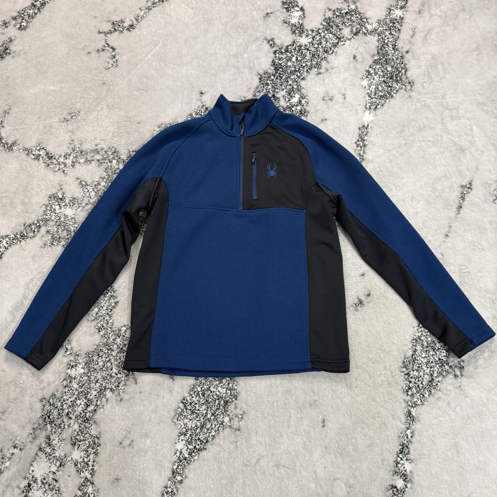 Spyder Mens Size L Gait 1/4 Zip Pullover Blue Black Waffle Knit Fleece Jacket